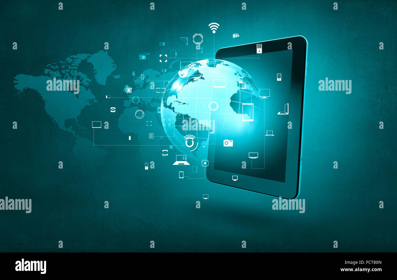 Cloud computing concept with tablet pc and application icons Stock ...