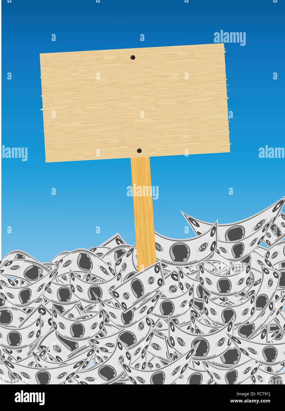 Blank Wooden Signboard Sticking Out of Cash Mound (Vector) Stock Vector