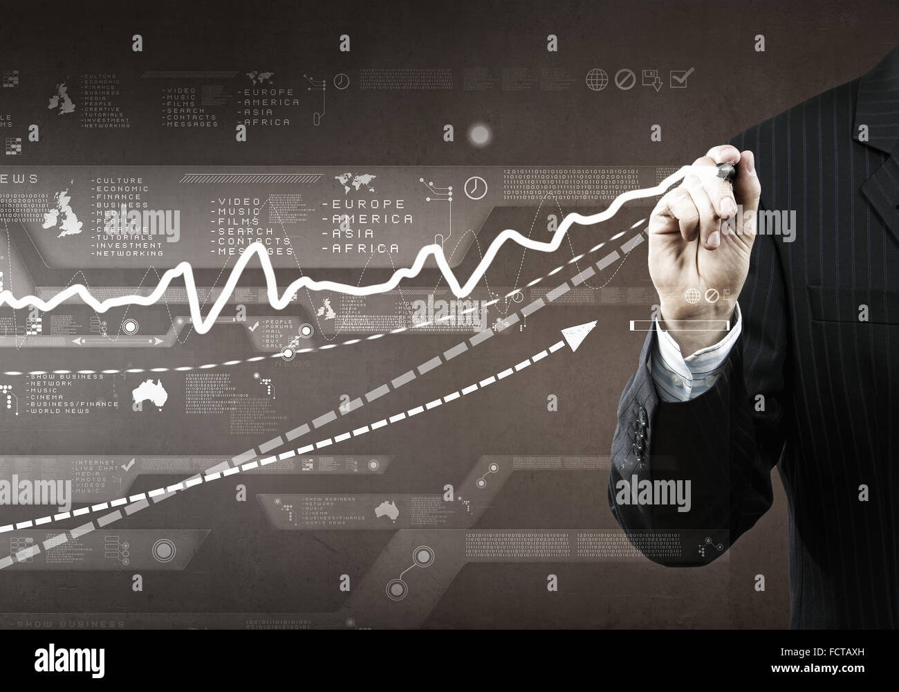 Businessman hand drawing business graphs on media screen Stock Photo ...