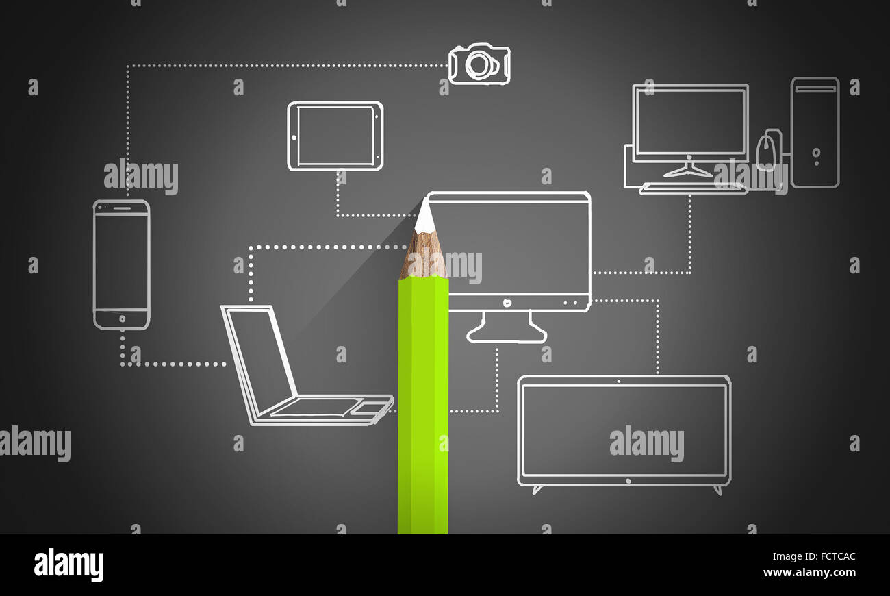 Pencil drawing connection lines between office devices Stock Photo Alamy