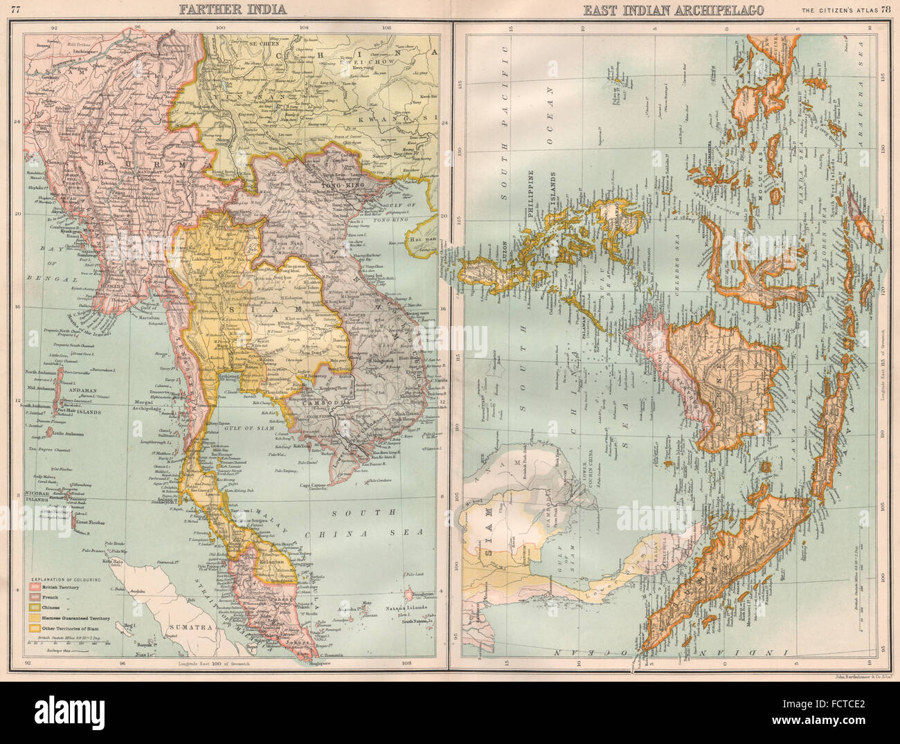 INDOCHINA/EAST INDIES: Shows 'Siamese (Thai) Guaranteed Territory', 1898 map Stock Photo