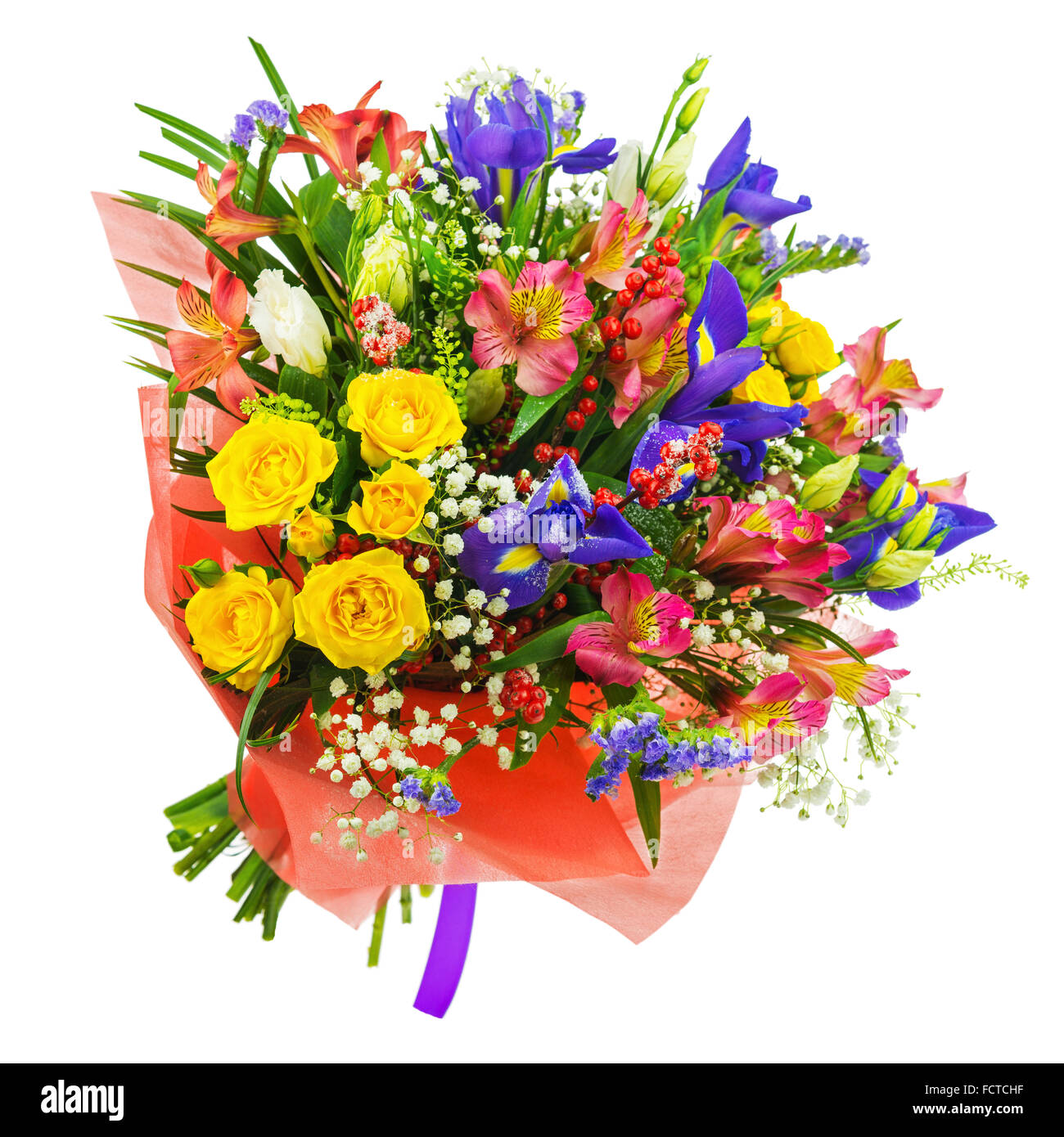 Delicate beautiful bouquet of roses, iris, alstroemeria, nerine and other  flowers in red packaging with violet tape isolated on Stock Photo - Alamy