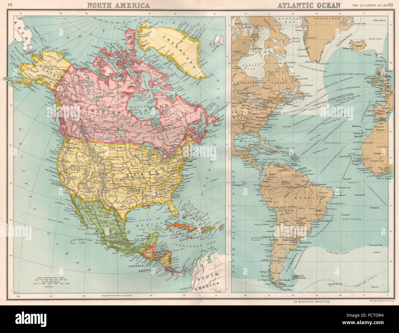 NORTH AMERICA/ATLANTIC OCEAN: Shipping routes. BARTHOLOMEW, 1898 antique map Stock Photo