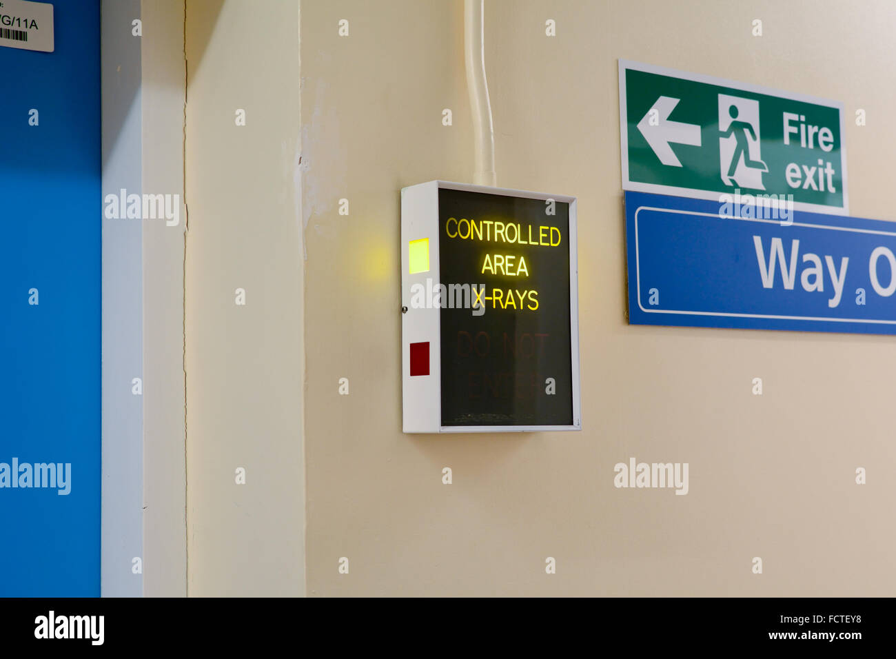 Controlled Area X-Rays electronic warning sign in hospital Stock Photo