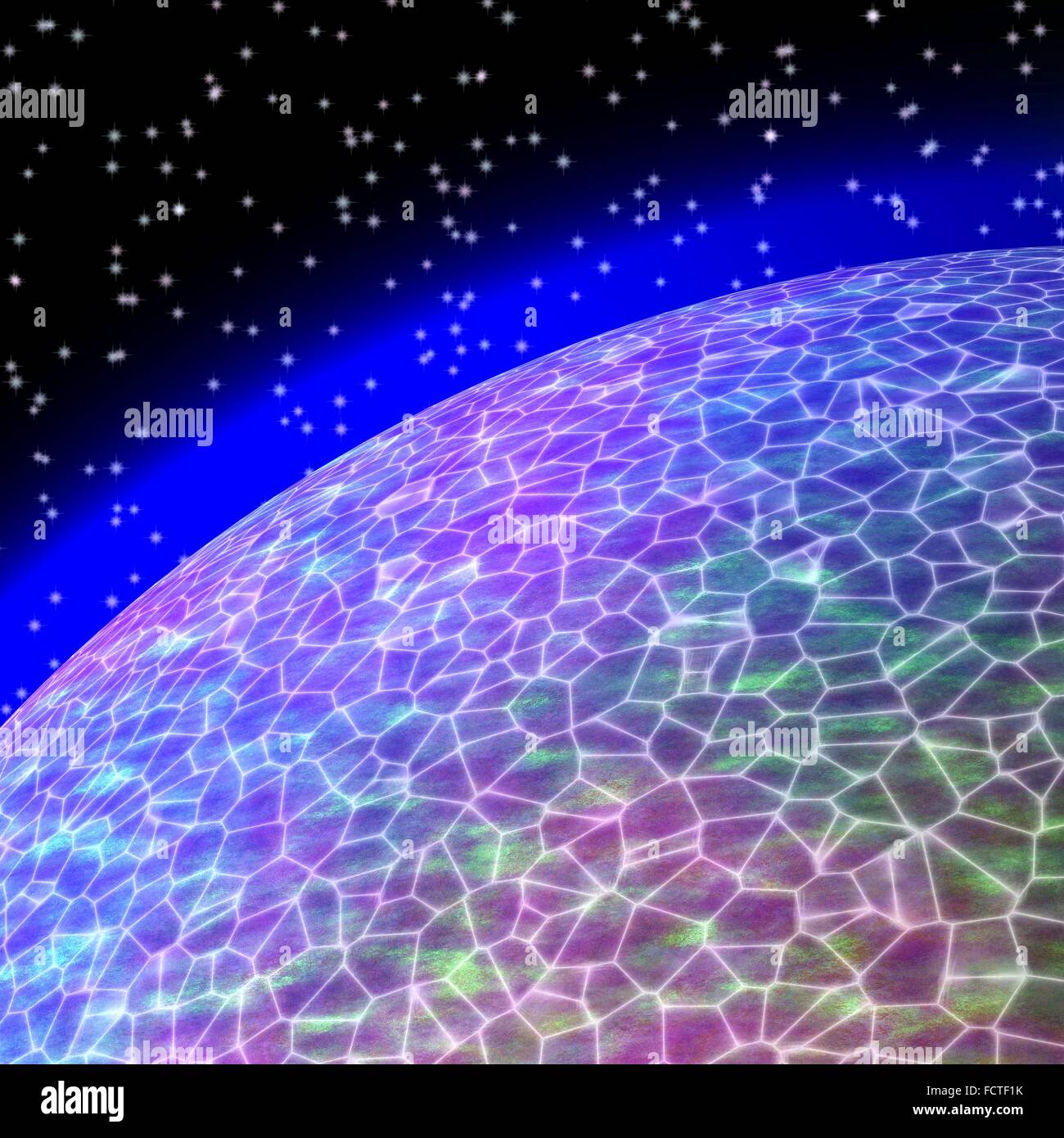 Network connections lines on the Earth globe. View from deep space with stars and light glow