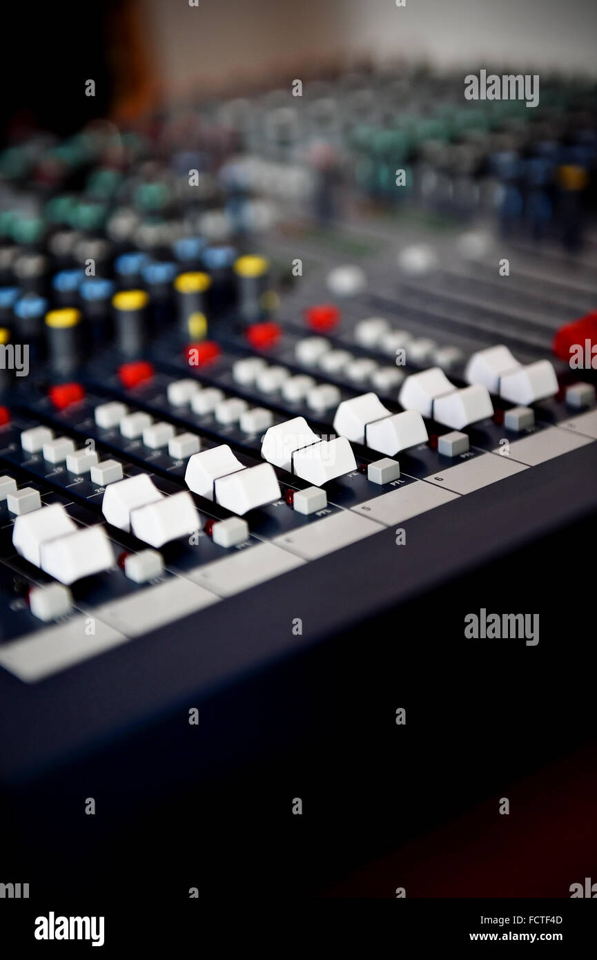 Detail with adjusting knobs on a professional audio mixer Stock Photo