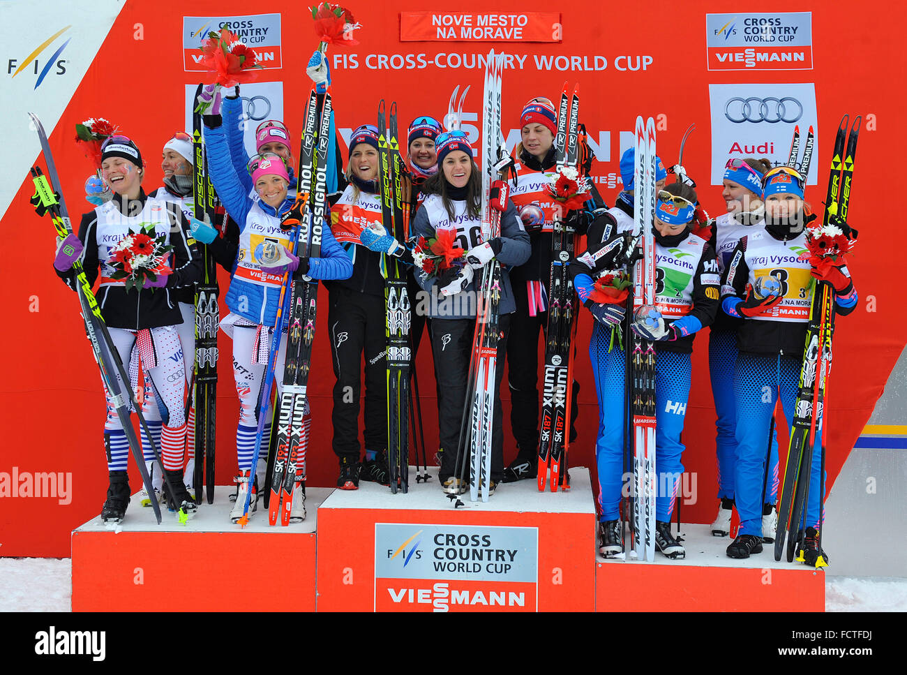 World Cup cross-country skiing, women - 4x5 km relay, January 24, 2016, Nove Mesto na Morave, Czech Republic. From left: second placed Jessica Diggins, Sophie Caldwell, Elizabeth Stephen and Sadie Bjornsen (of USA), winners Therese Johaug, Heidi Weng, Ingvild Ostberg and Astrid Jacobsen (of Norway) and third placed Anne Kyllonen, Krista Parmakoski, Kerttu Niskanen and Riitta-Liisa Roponen (of Finland). (CTK Photo/Lubos Pavlicek) Stock Photo