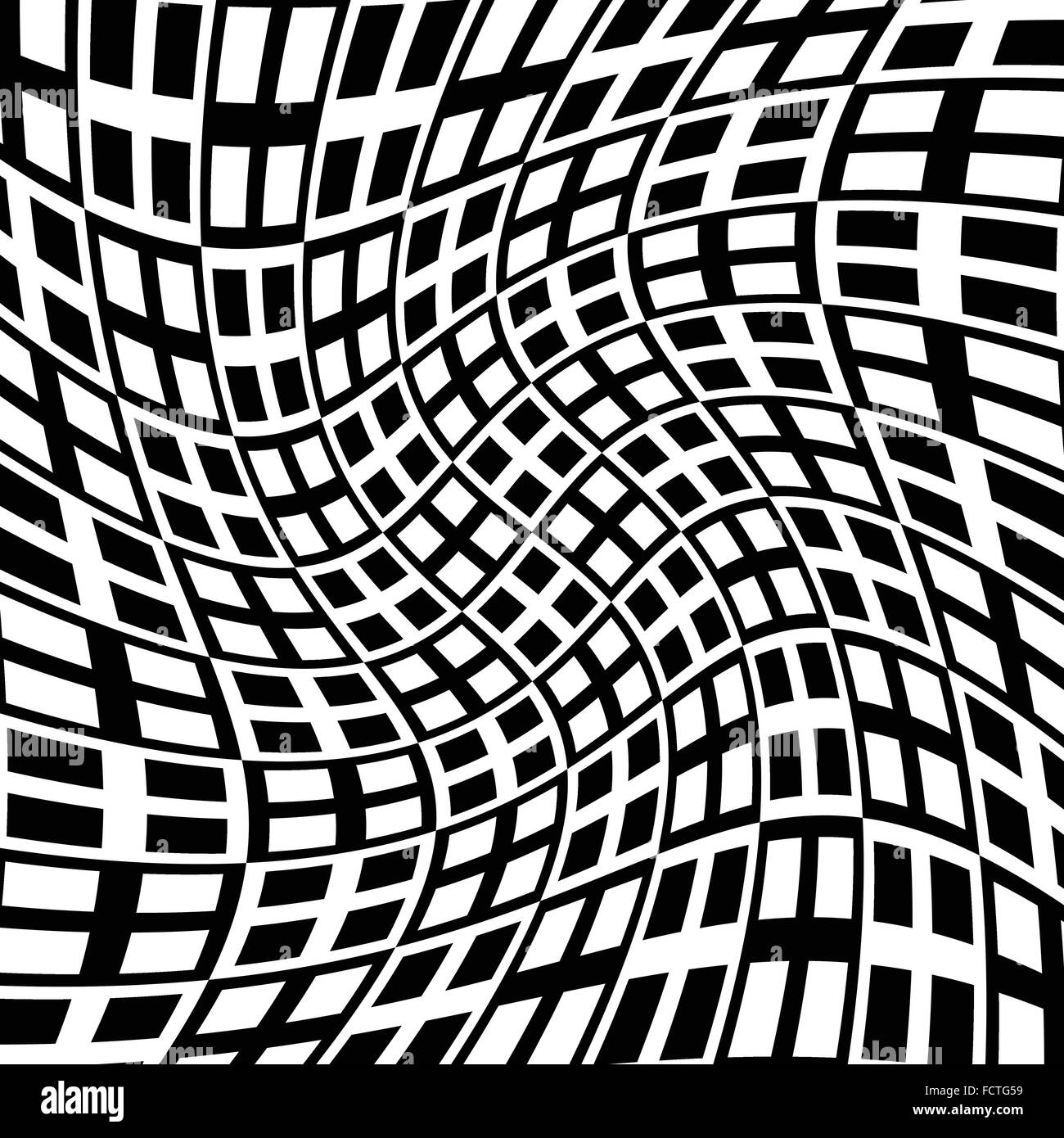 Checkered swirling pattern with alternating black, white squares Stock