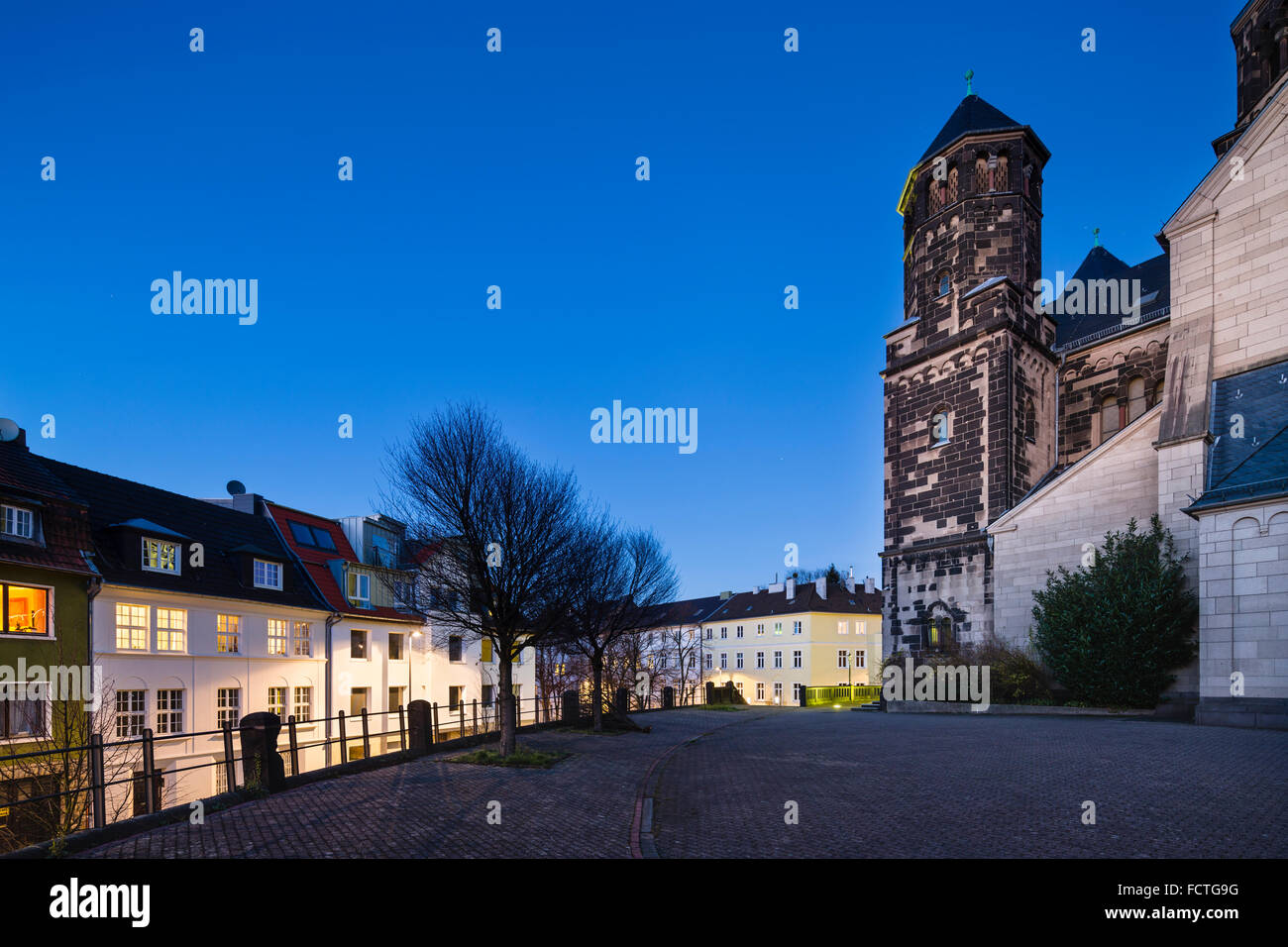 The catholic Herz-Jesu church in Aachen Burtscheid, Germany with night blue sky. Stock Photo