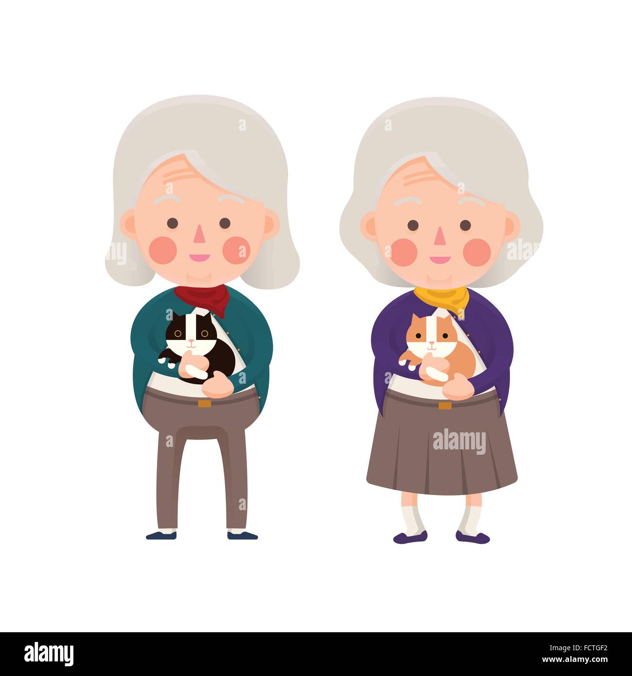 Vector Illustration of Two Senior Women Holding Cat, Black and Orange, Cartoon Character Stock Vector