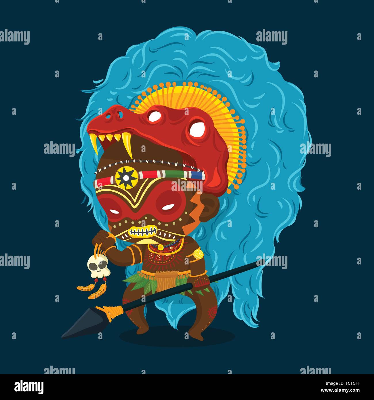 Vector Illustration of African Tribe Shaman with Spear and Skull Cartoon Character Stock Vector