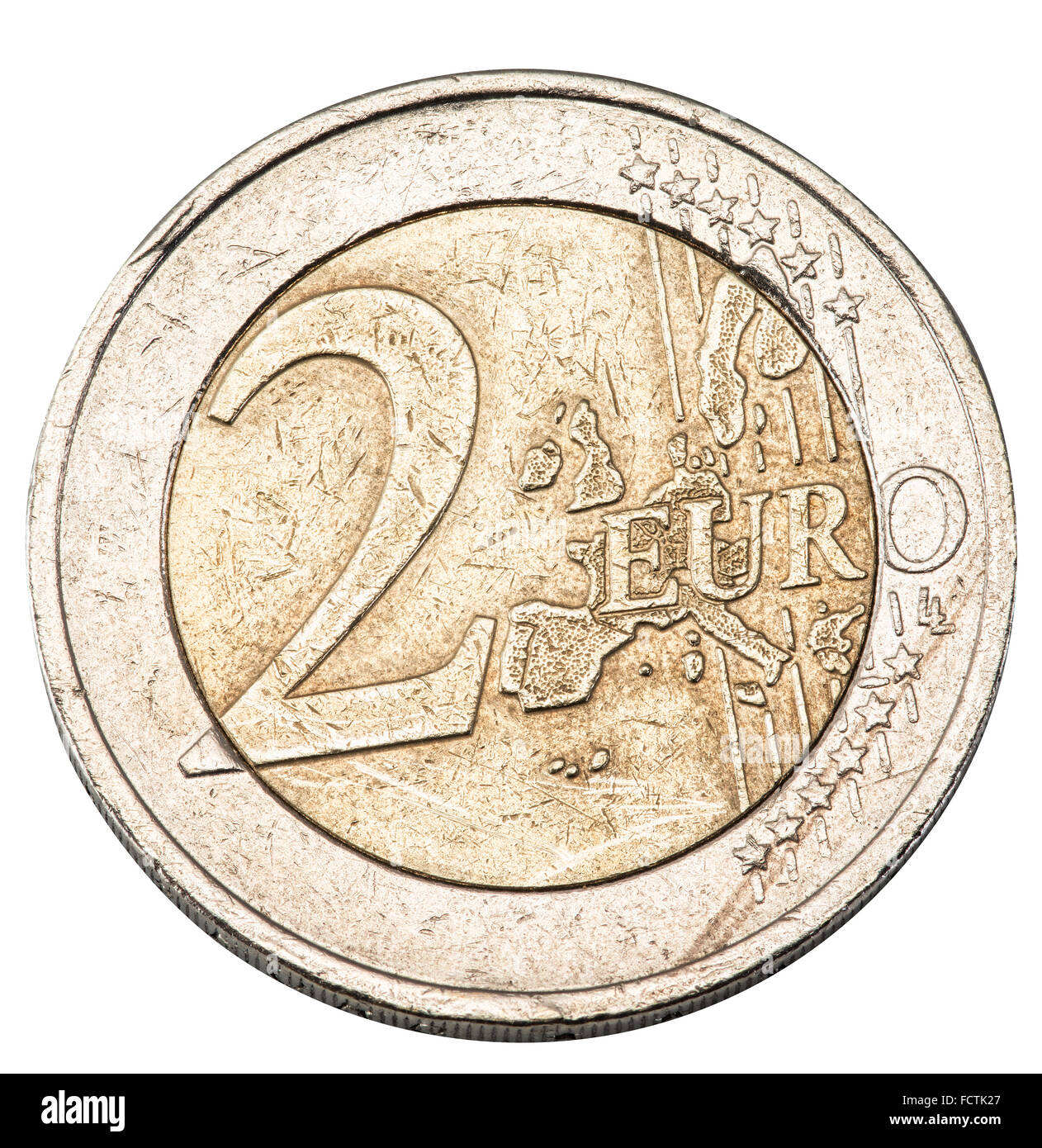 Old two euro coin isolated on a white background. File contains clipping paths. Stock Photo