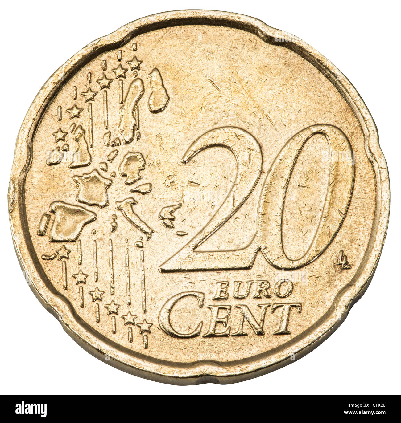 Old 20 cents coin isolated on a white background. File contains clipping paths. Stock Photo