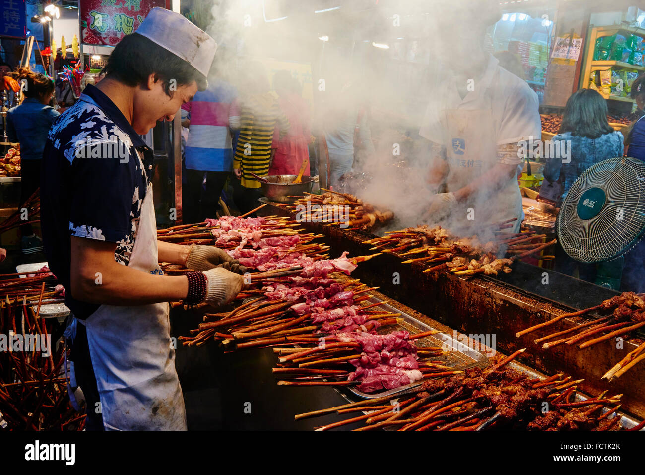 China, Shaanxi province, Xian, Hui neighborhood, food market, kebab shop Stock Photo