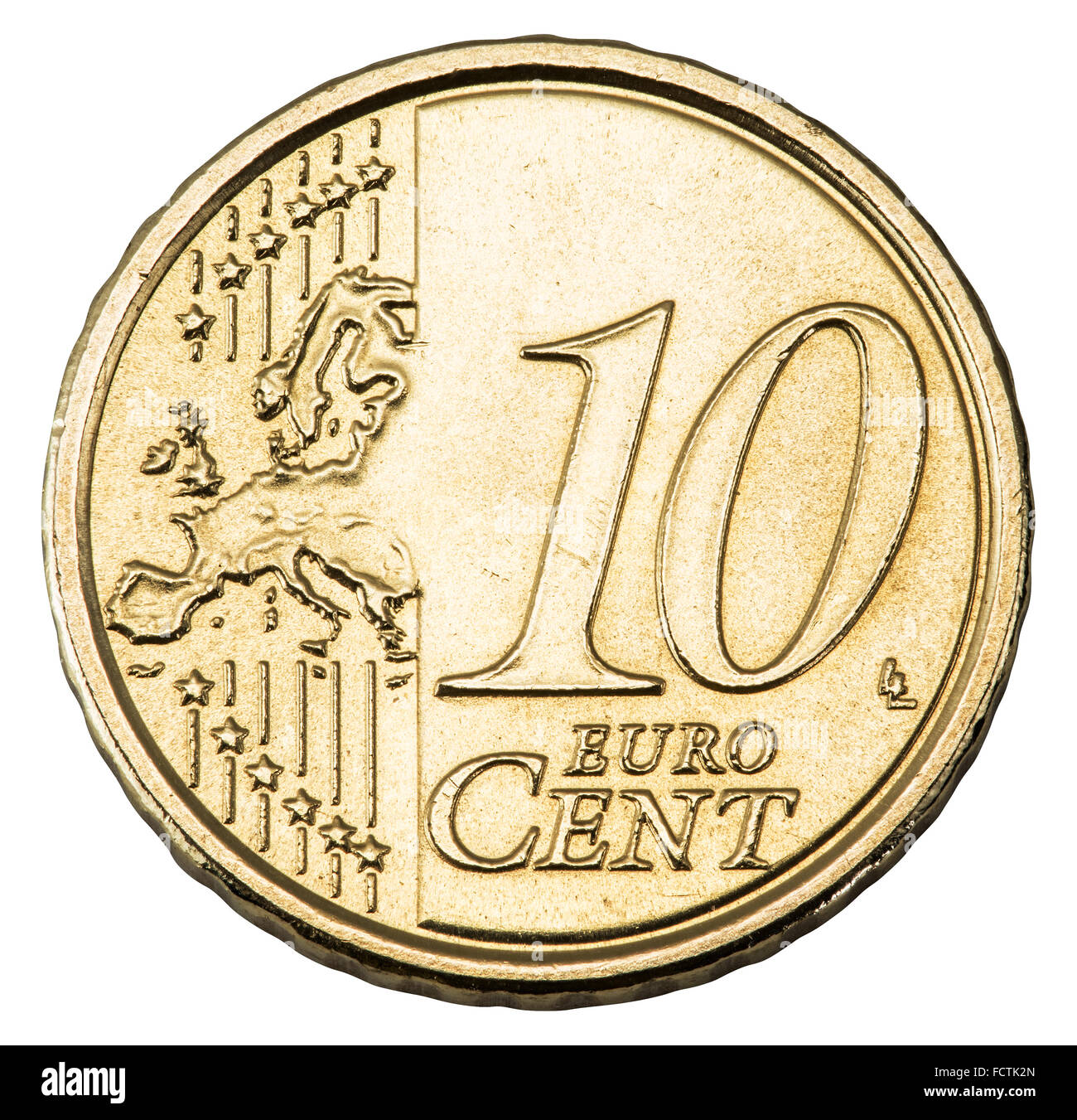 Old 10 cents euro coin isolated on a white background. File contains clipping paths. Stock Photo