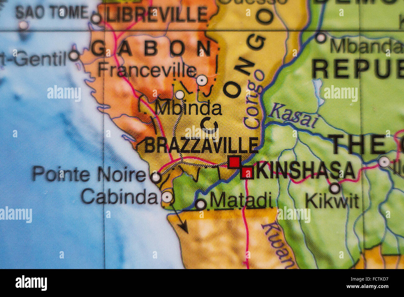 Photo of a map of Congo and the capital Brazzaville . Stock Photo