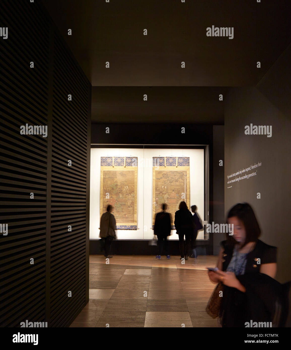 Displayed artwork highlighting room. V&A Masterpieces of Chinese Painting, London, United Kingdom. Architect: Stanton Williams, Stock Photo