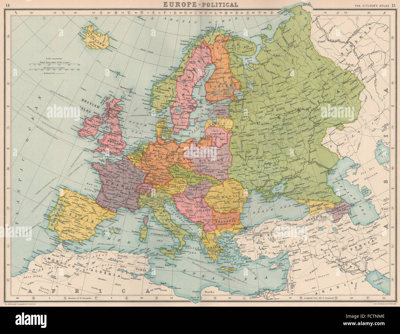 EUROPE-POLITICAL: Shows Saar under League of Nations administration, 1924 map Stock Photo