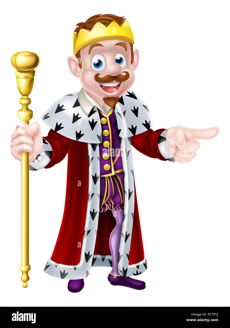 A cute king cartoon character holding a sceptre with one hand and pointing with the other Stock Photo
