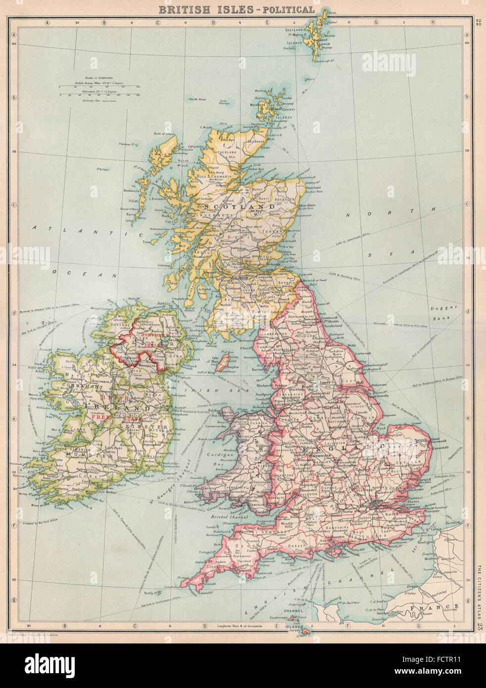 BRITISH ISLES-POLITICAL: Shows Irish Free State. BARTHOLOMEW, 1924 vintage map Stock Photo