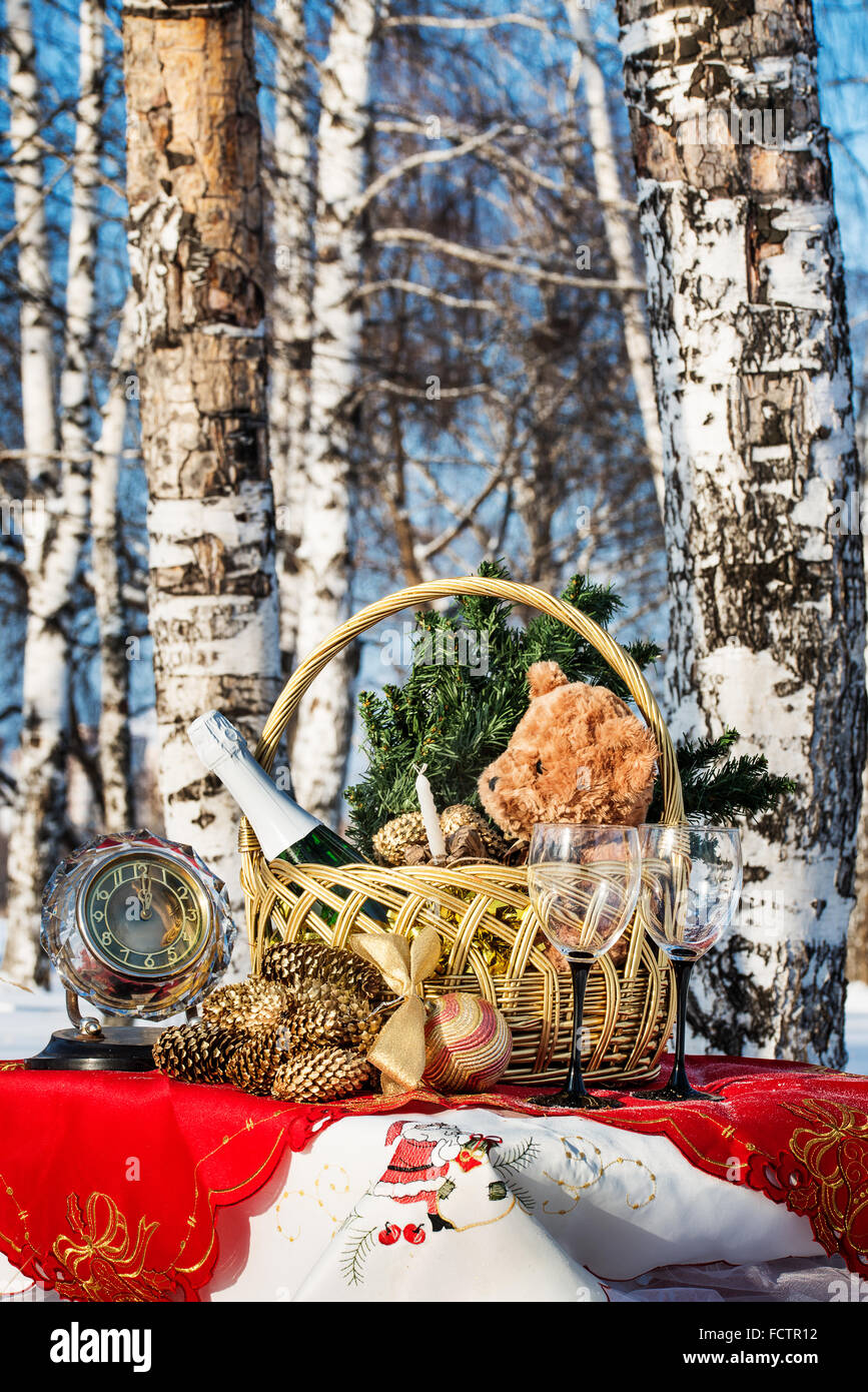 New Year's gift in a basket Stock Photo