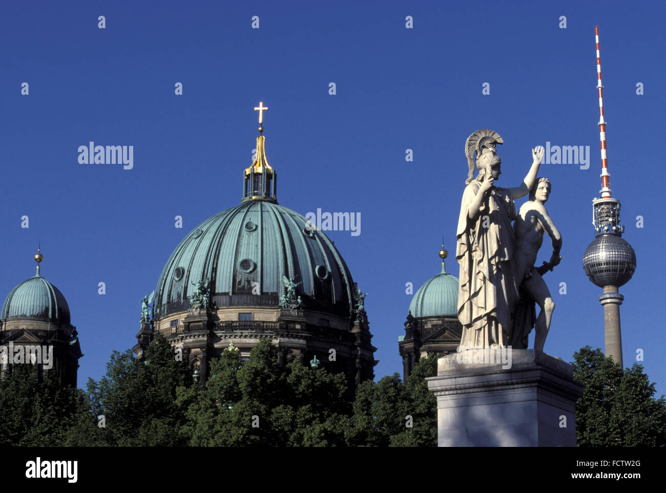 DEU, Germany, Berlin, the old Berlin Cathedral, statue at the Castle Bridge, television tower at the Alexander square.  DEU, Deu Stock Photo