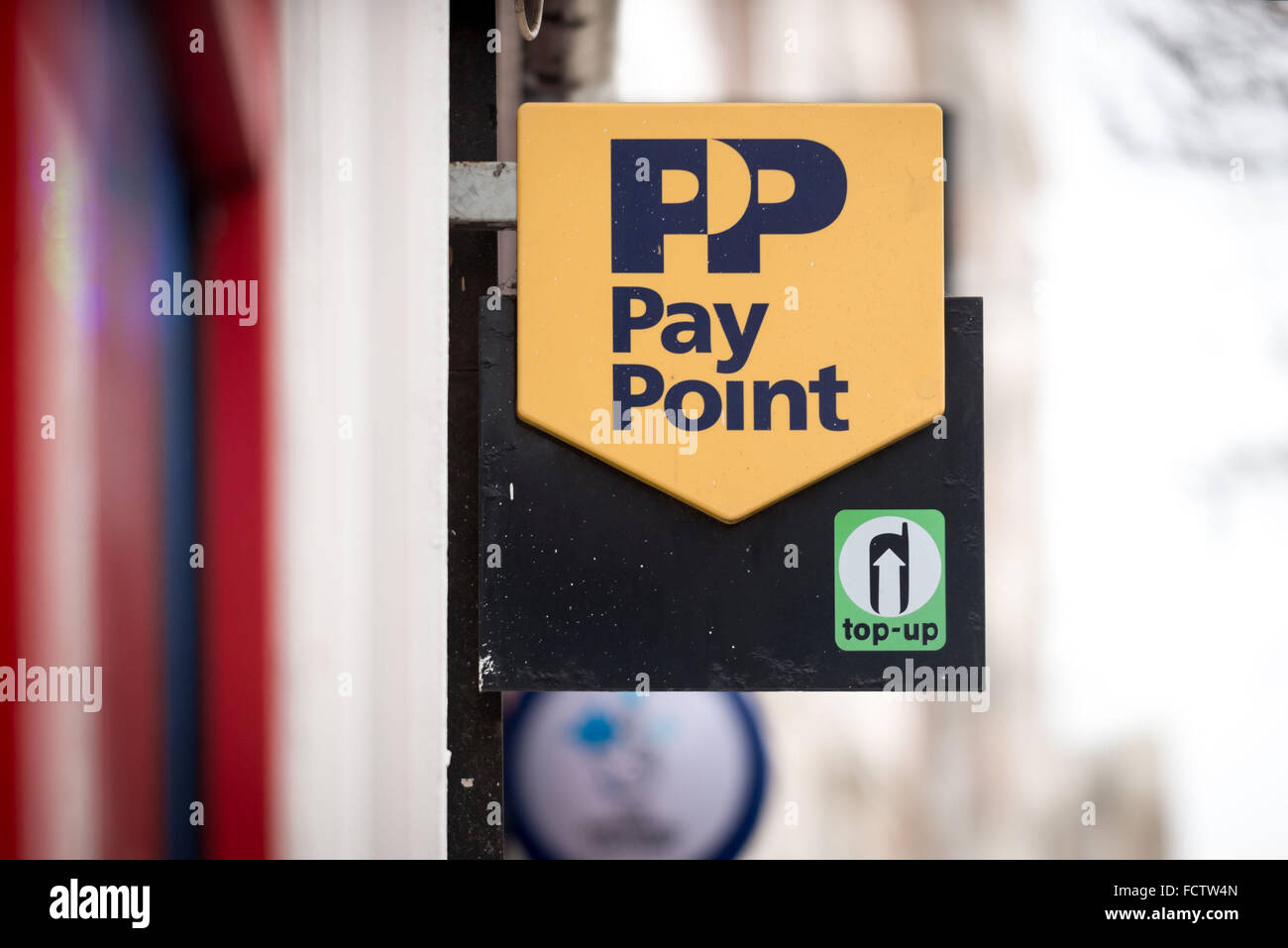 A PayPoint sign outside a newsagent shop. Stock Photo
