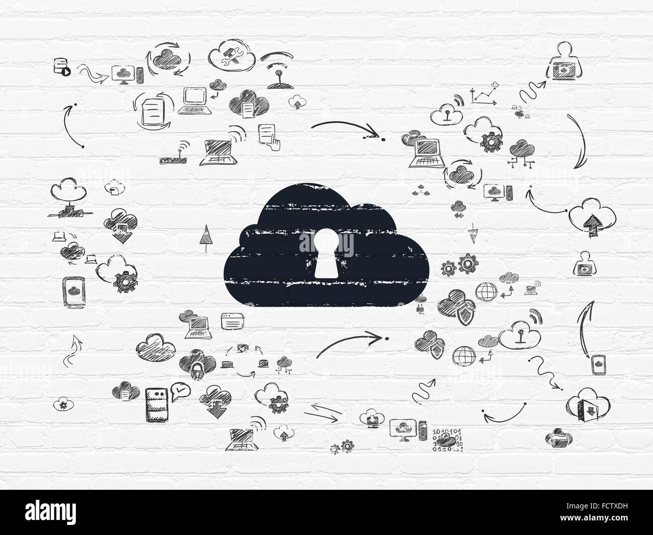 Cloud computing concept: Cloud With Keyhole on wall background Stock ...