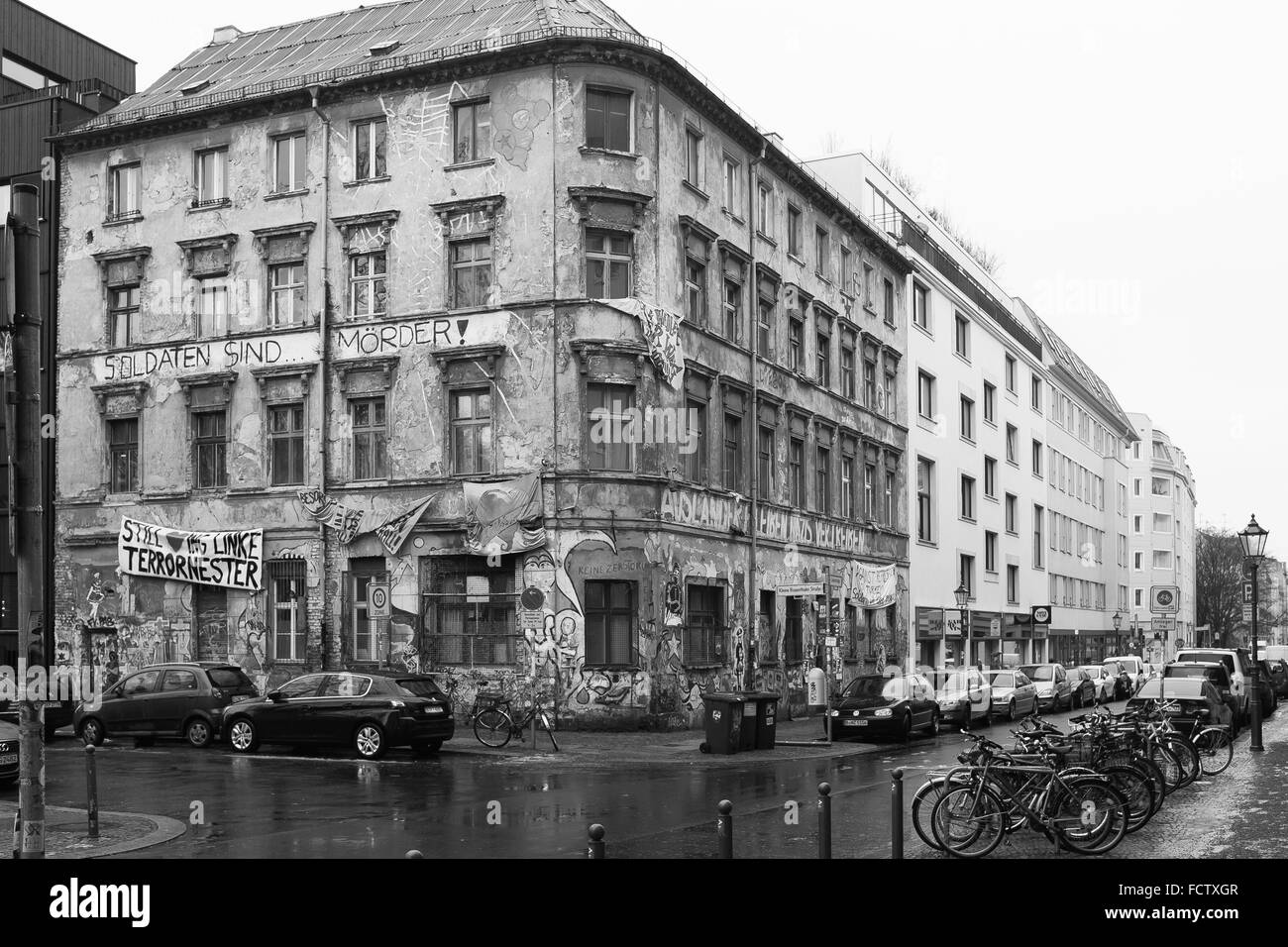 BERLIN - JANUARY 12: Ex- squat not refurbished in the Linien Strasse in Berlin-Mitte, on January 12 2016 in Berlin. Stock Photo