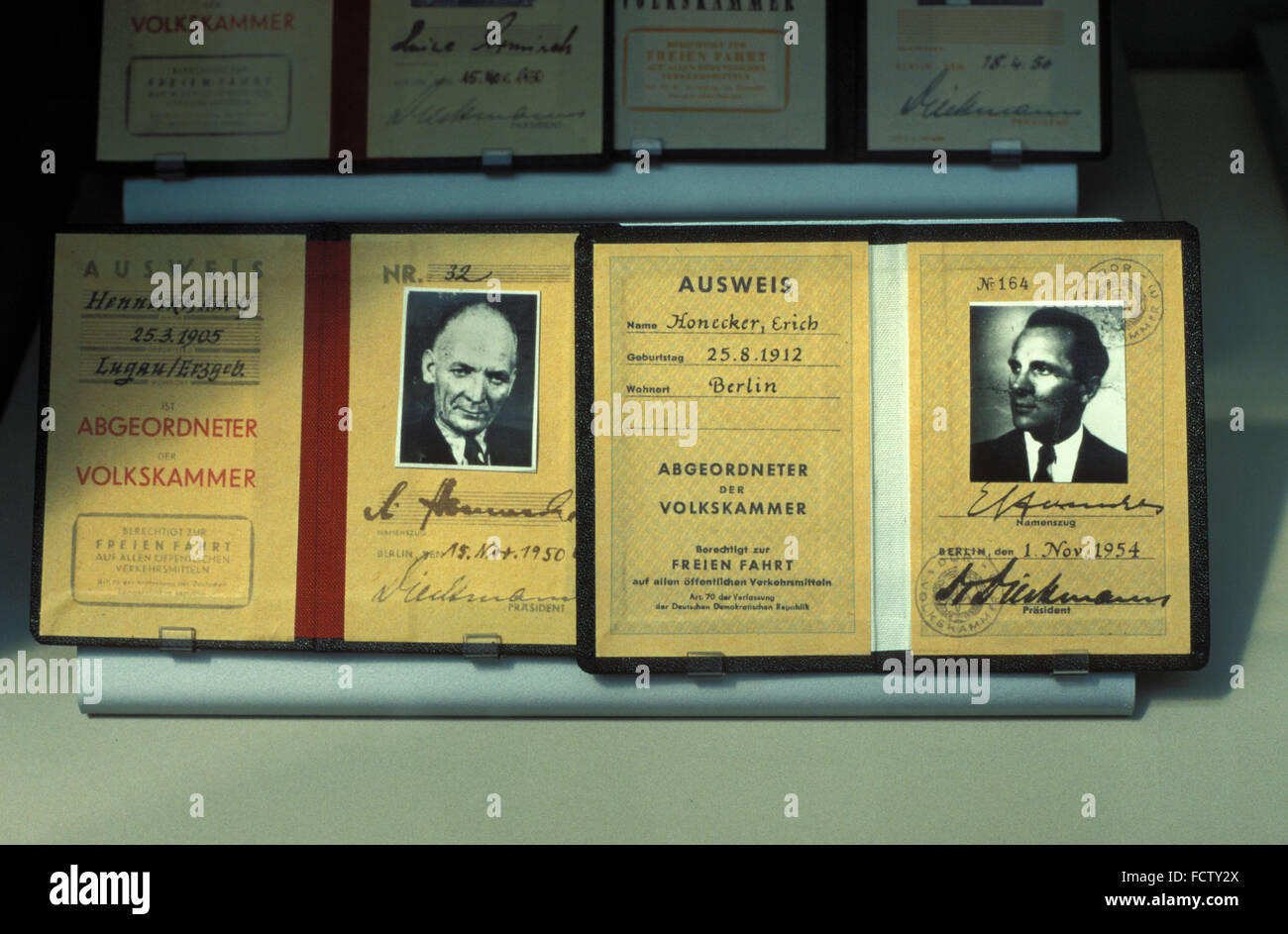 membership cards of the members of the East German parliament Adolf Hennecke and Erich Honecker, Museum Haus der Geschichte Bonn Stock Photo