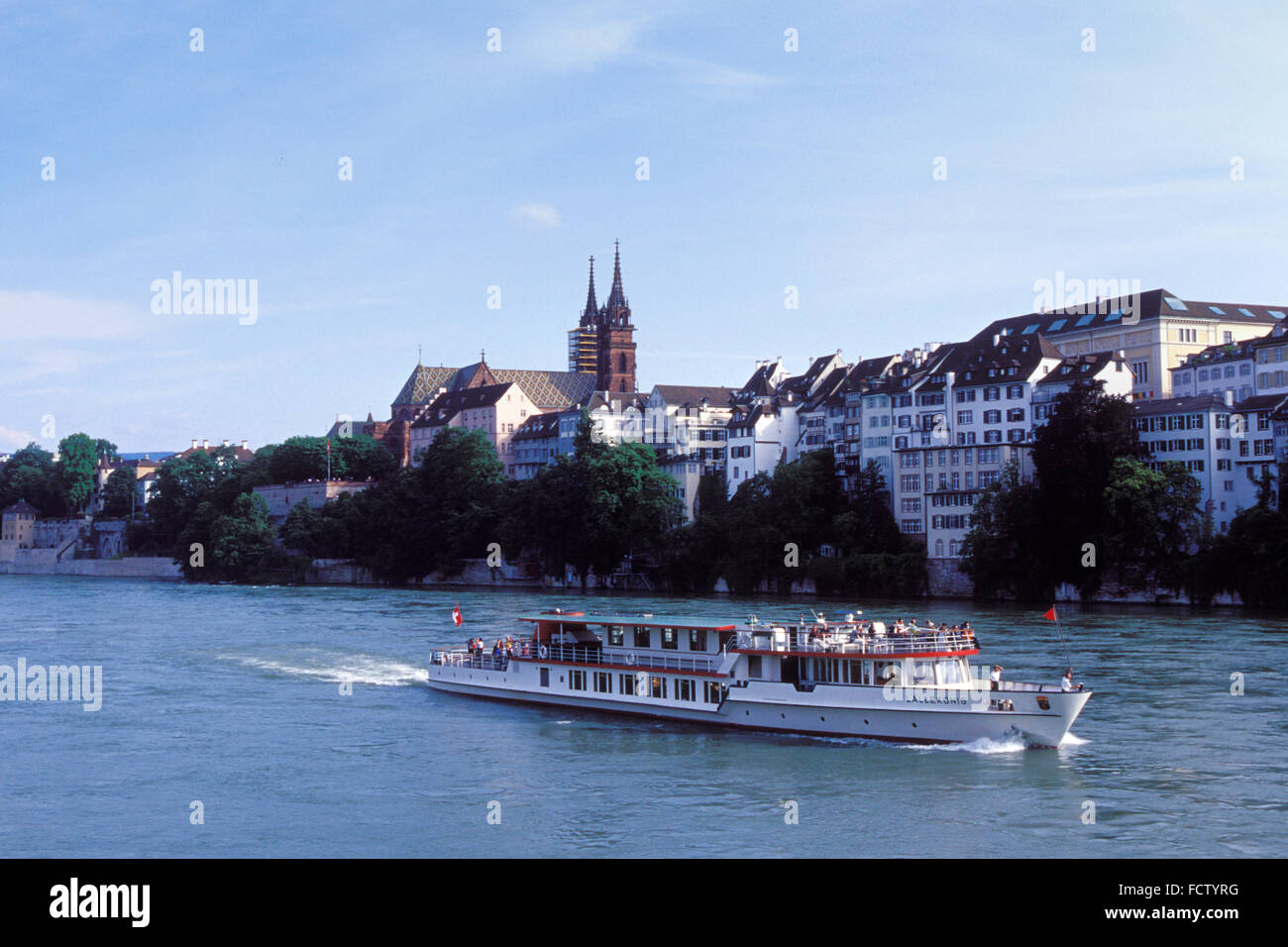 CHE, Switzerland, Basel, excursion boat on the river Rhine, view to the old part of the town with the cathedral.  CHE, Schweiz,  Stock Photo