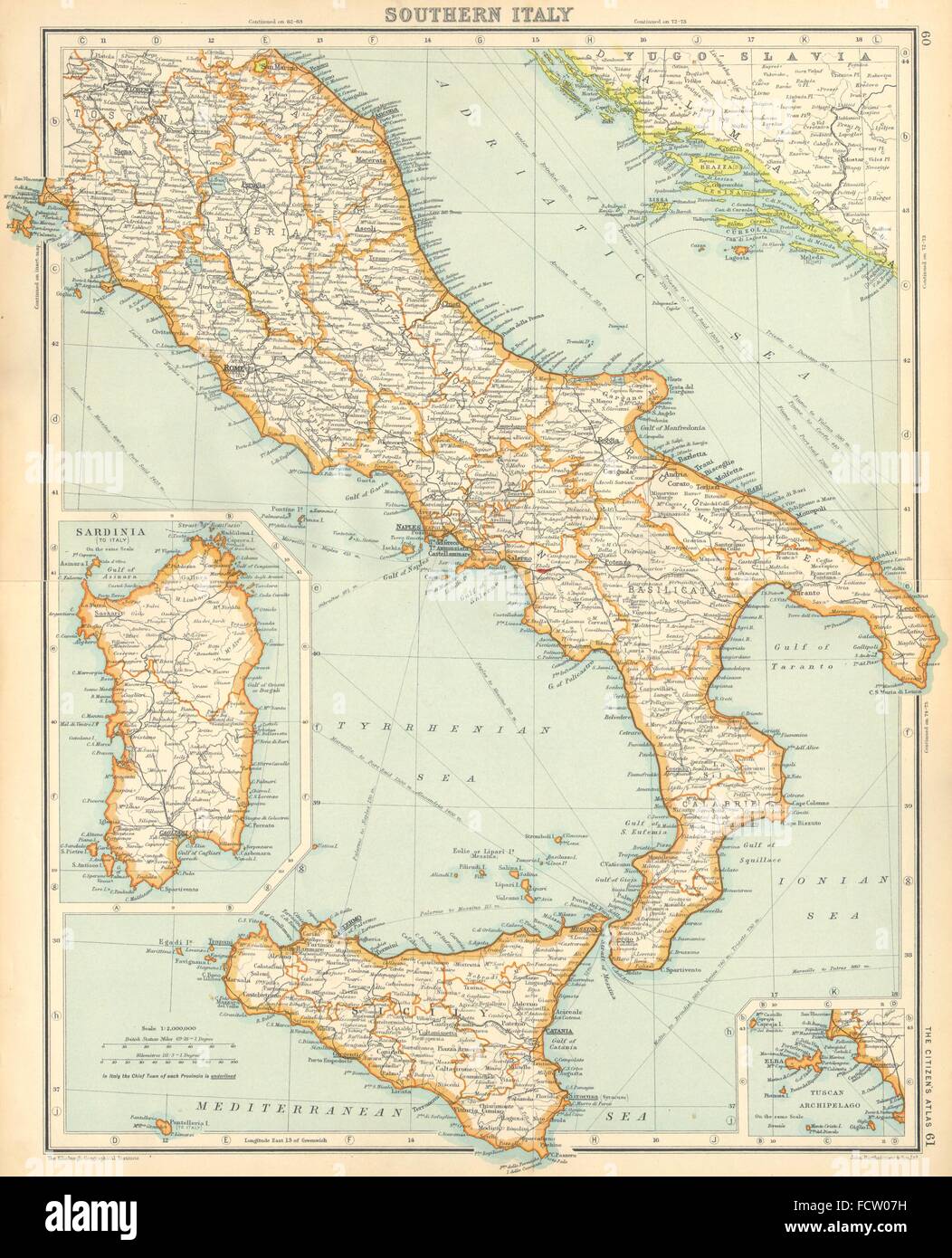 SOUTHERN ITALY: Shows Lagosta island (Lastovo) as Italian. BARTHOLOMEW, 1924 map Stock Photo