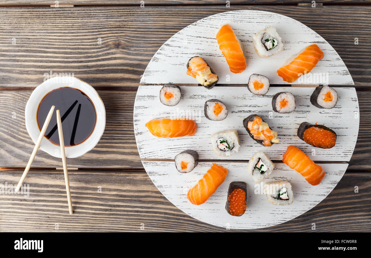 A plate full of sushi at a fish buffet Stock Photo