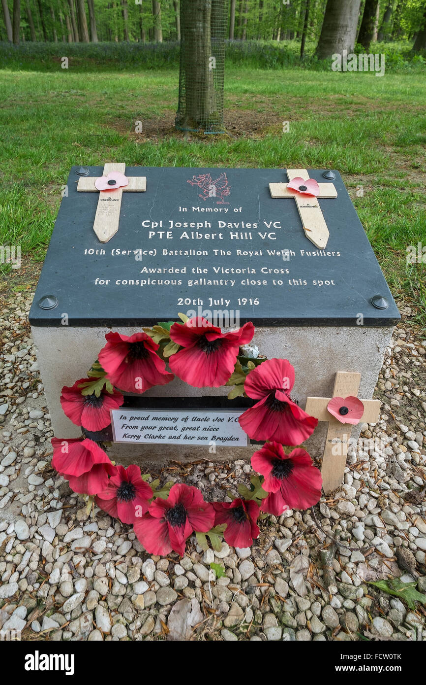 A memorial to two Victoria Cross winners in Delville Wood, Longuval