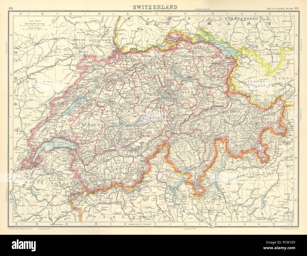 SWITZERLAND: Shows Cantons, railways. BARTHOLOMEW, 1924 vintage map Stock Photo