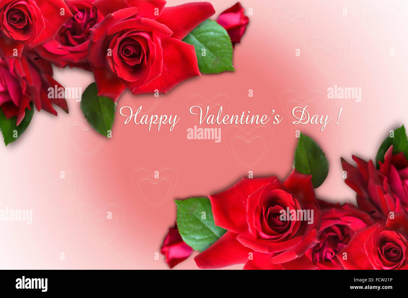 Red roses in corners and Happy Valentine's Day on pink gradient ...