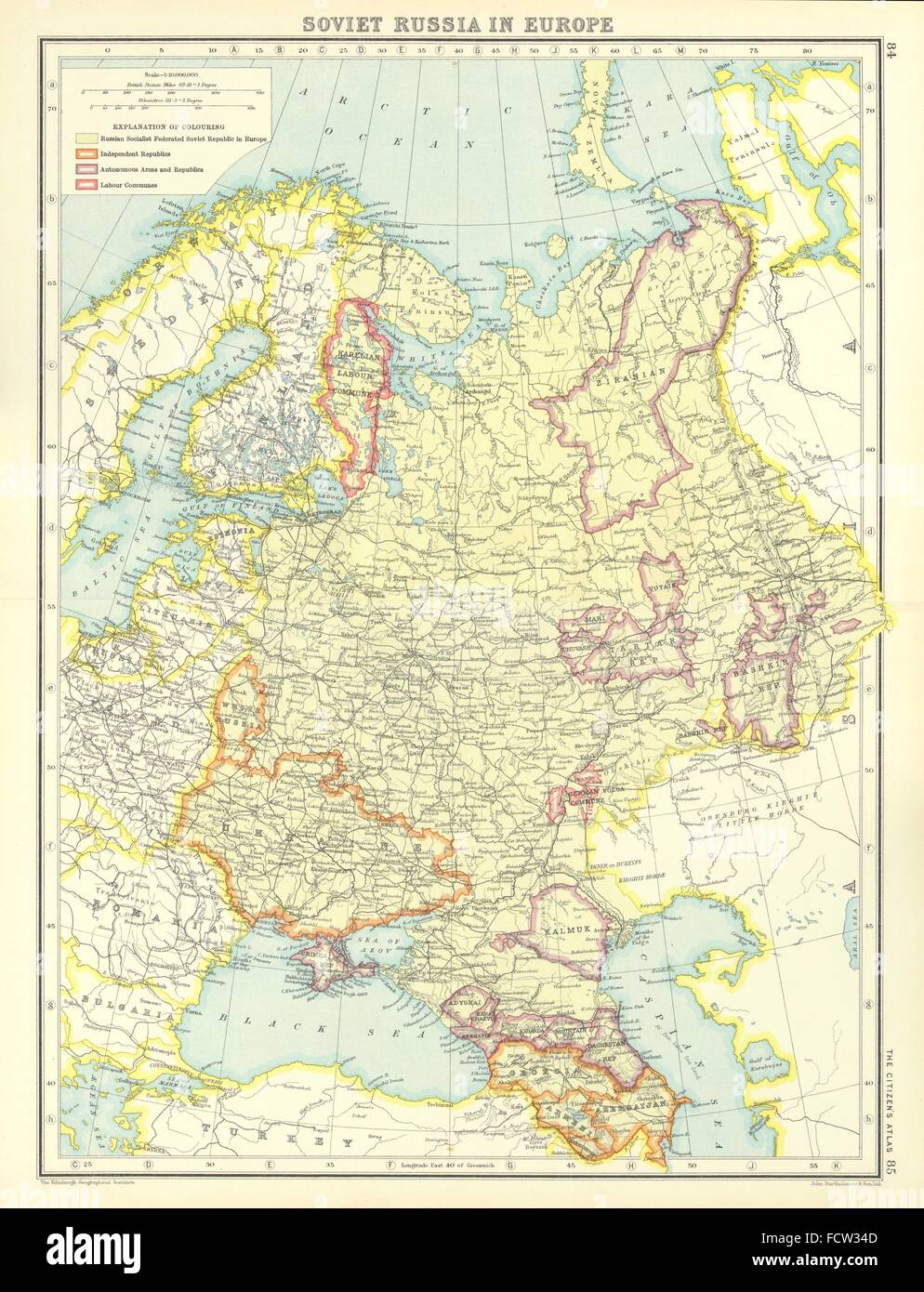 SOVIET RUSSIA:German Volga & Karelian Labour Communes.Autonomous Reps., 1924 map Stock Photo
