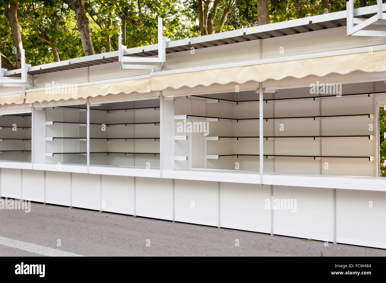 Prefabricated stands set up at Madrid Book Fair, Spain Stock Photo