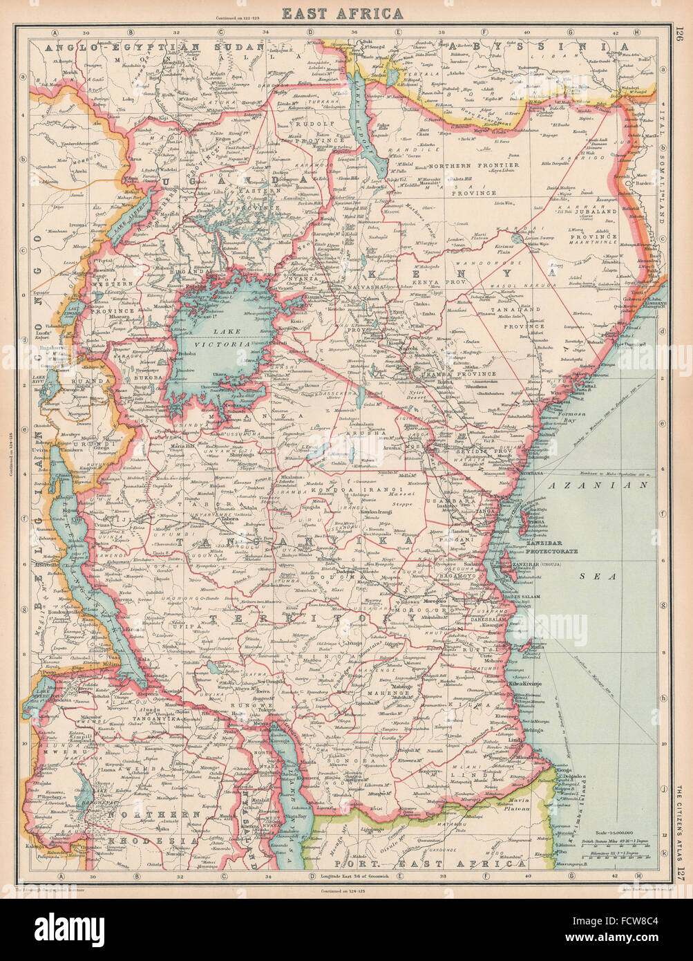 EAST AFRICA: Kenya Uganda Tangyanika Territory & Zanzibar Protectorate, 1924 map Stock Photo