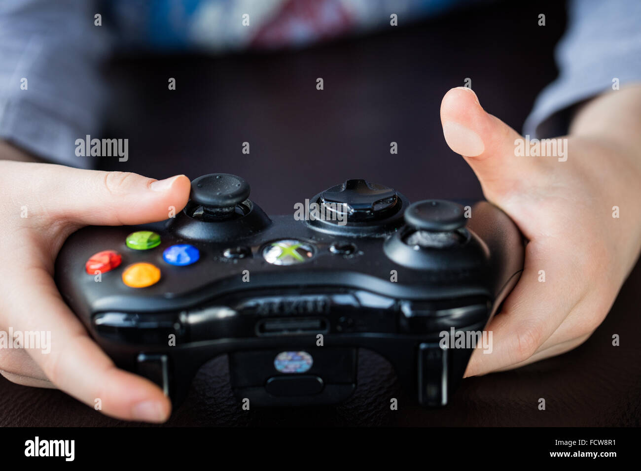 Friction blister on the left thumb of a 6 year old caucasian boy. Caused by  prolonged use of a computer gaming controller, demonstrating one of the  dangers of children playing computer games.