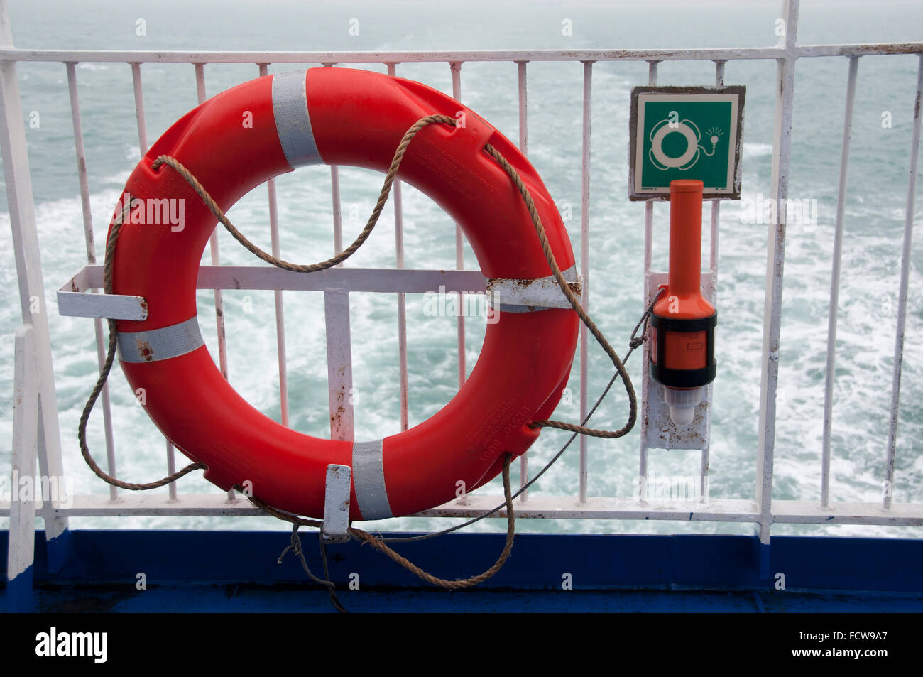 DFDS ferry, Calais to Dover . Life belt on the stern of the ship Stock Photo