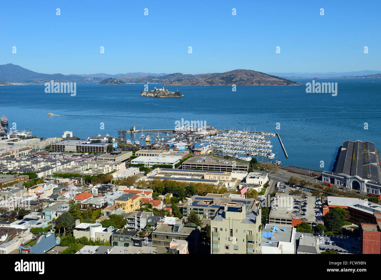 Elevated view of Marina and Alcatraz Island from Coit Tower on Telegraph Hill, San Francisco, California, USA Stock Photo