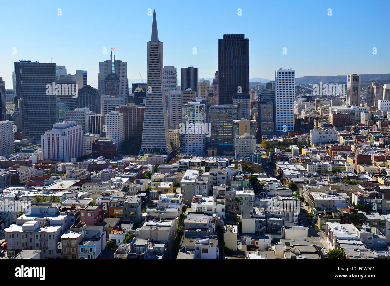 Elevated view of Financial District from Coit Tower on Telegraph Hill, San Francisco, California, USA Stock Photo