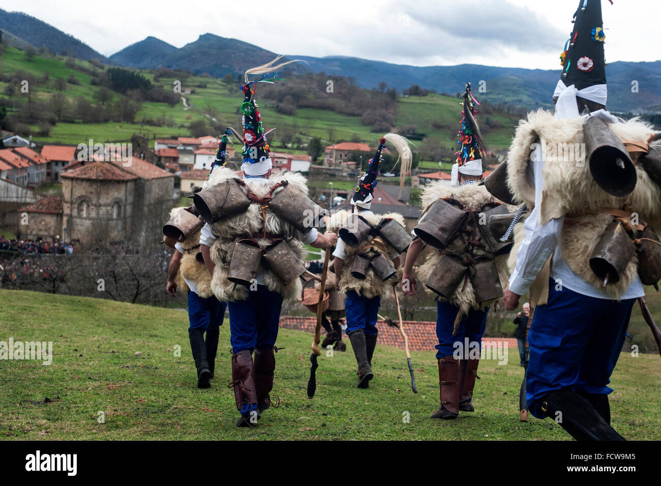 The zarramacos honking their roads lead to the village of Silio (Cantabria) for the carnival Vijanera the first winter carnival that takes place in Spain Stock Photo