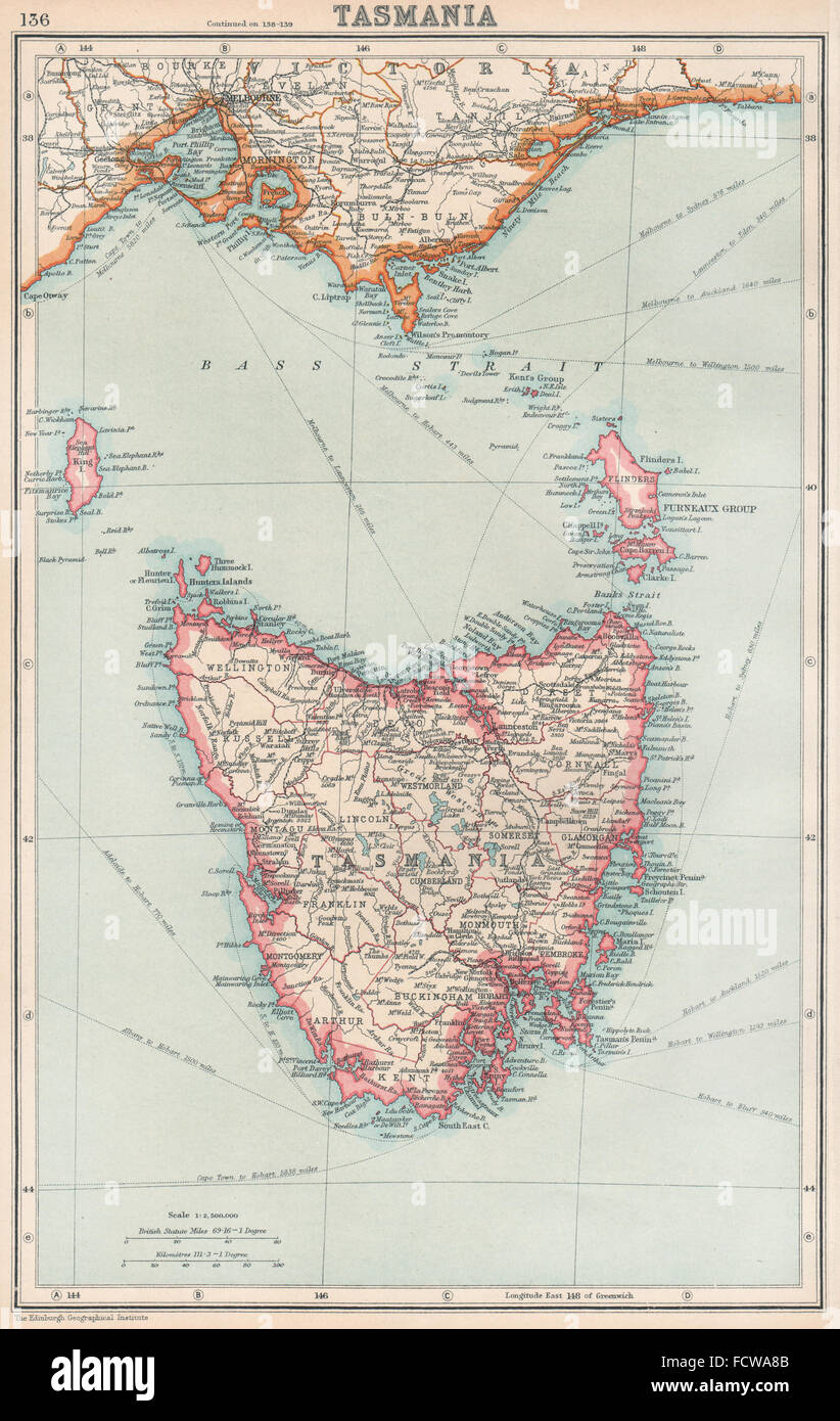 TASMANIA: state map showing counties. Australia. BARTHOLOMEW, 1924 Stock Photo