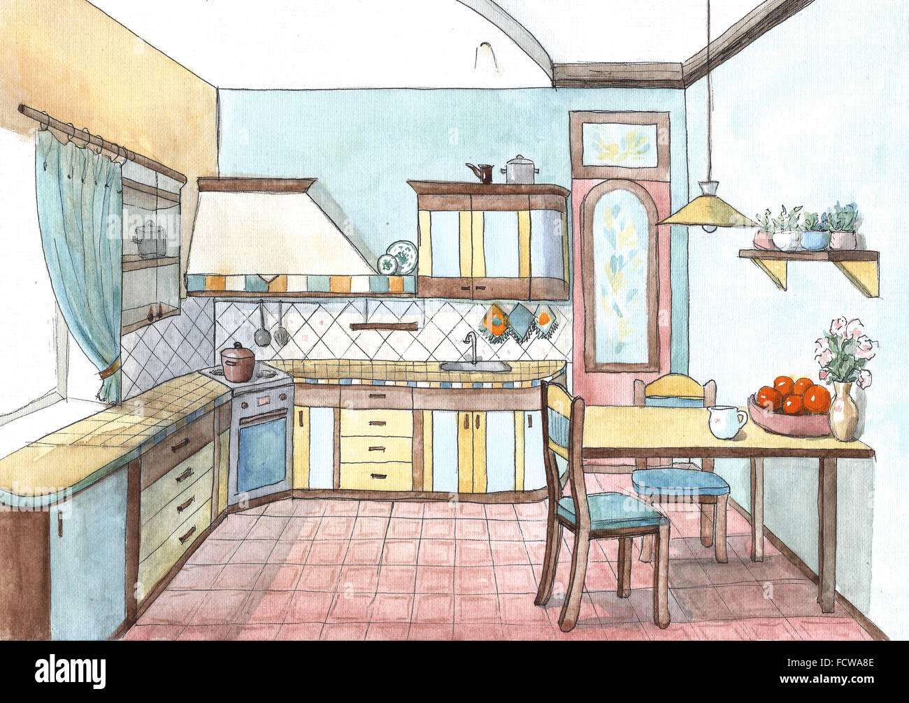Interior of a kitchen in watercolor Stock Photo - Alamy