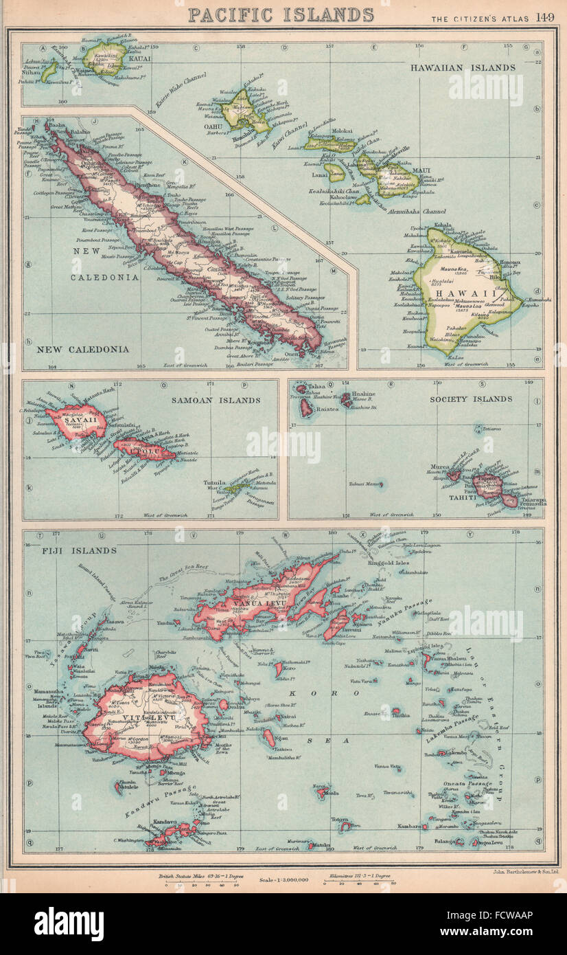 PACIFIC ISLANDS: Hawaii Samoa Society Islands Fiji New Caledonia, 1924 old map Stock Photo