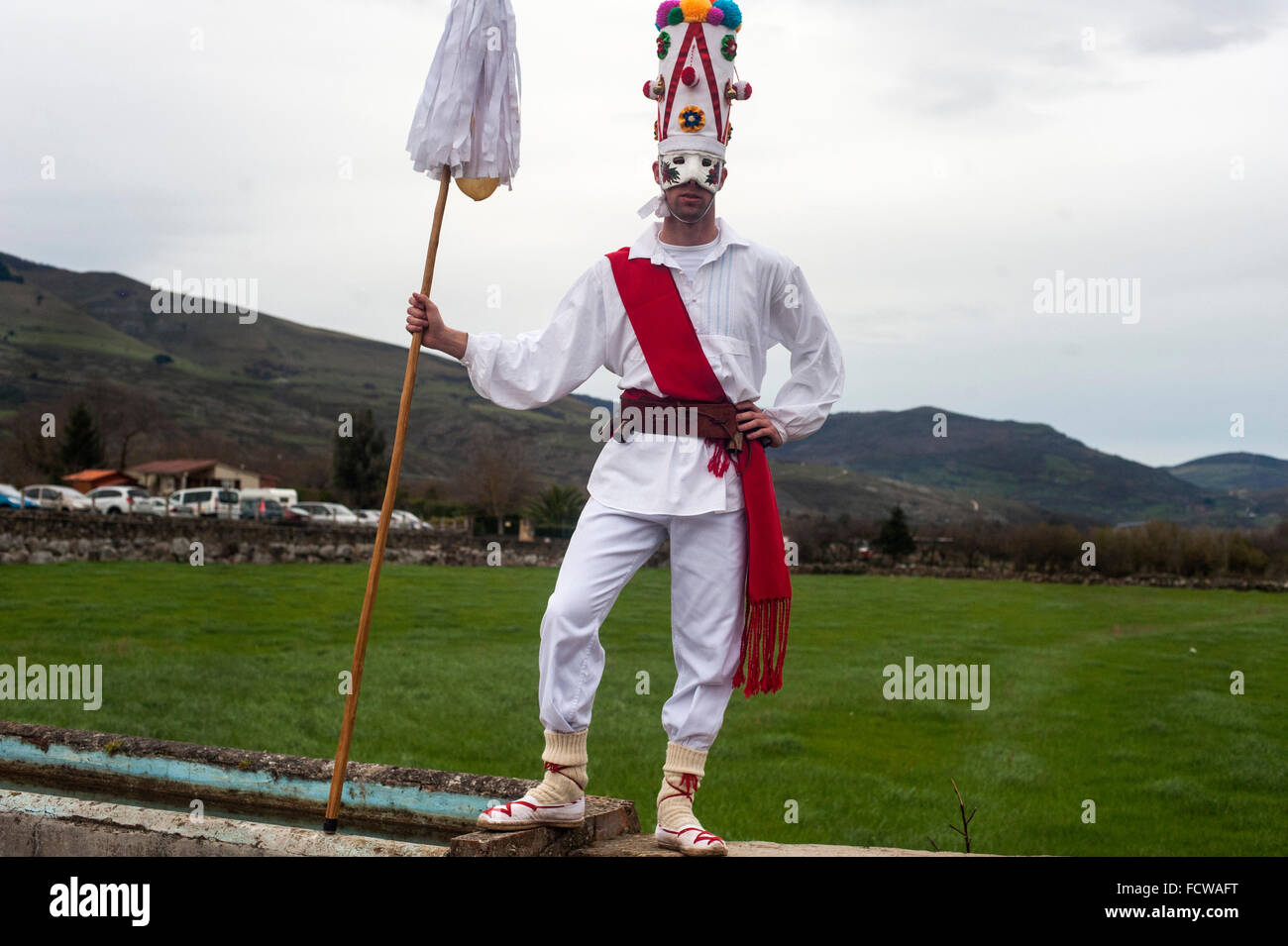 Portrait of a white Danzarin, responsible for opening the carnival procession Vijanera Silio (Cantabria). Stock Photo