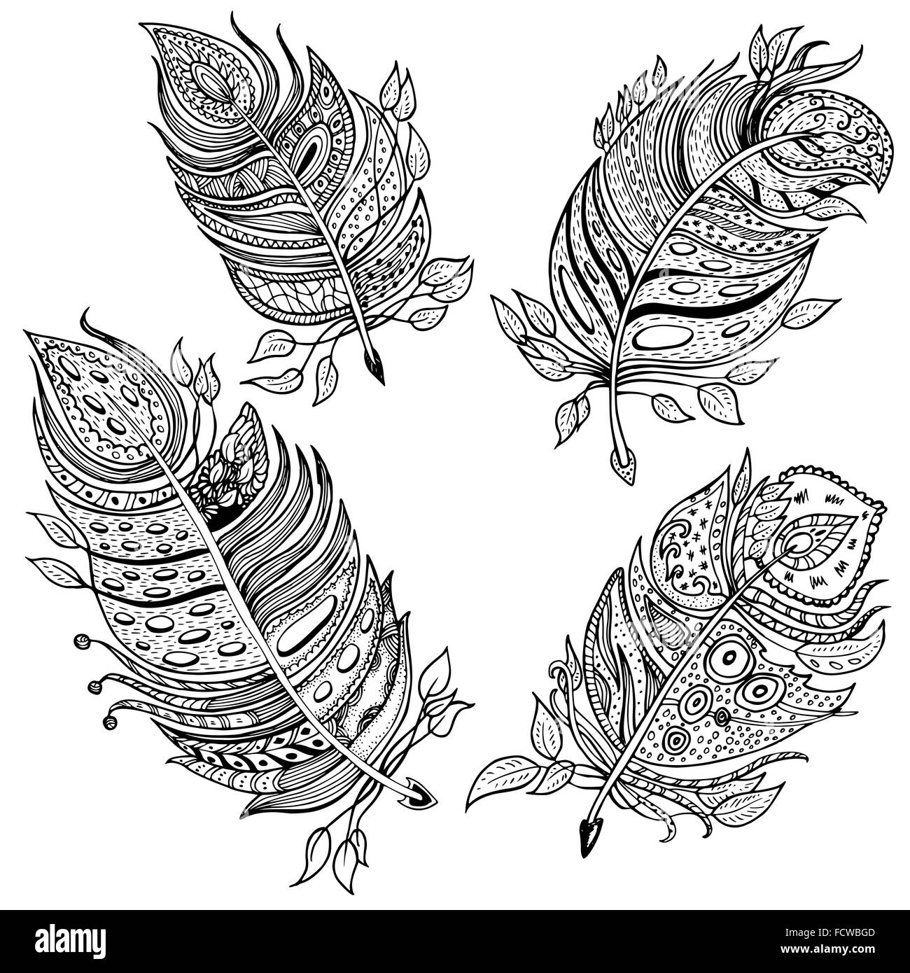 set of 4 hand drawn line art of single feathers with ornaments in zentangle style. unique vector illustration, black and white c Stock Vector