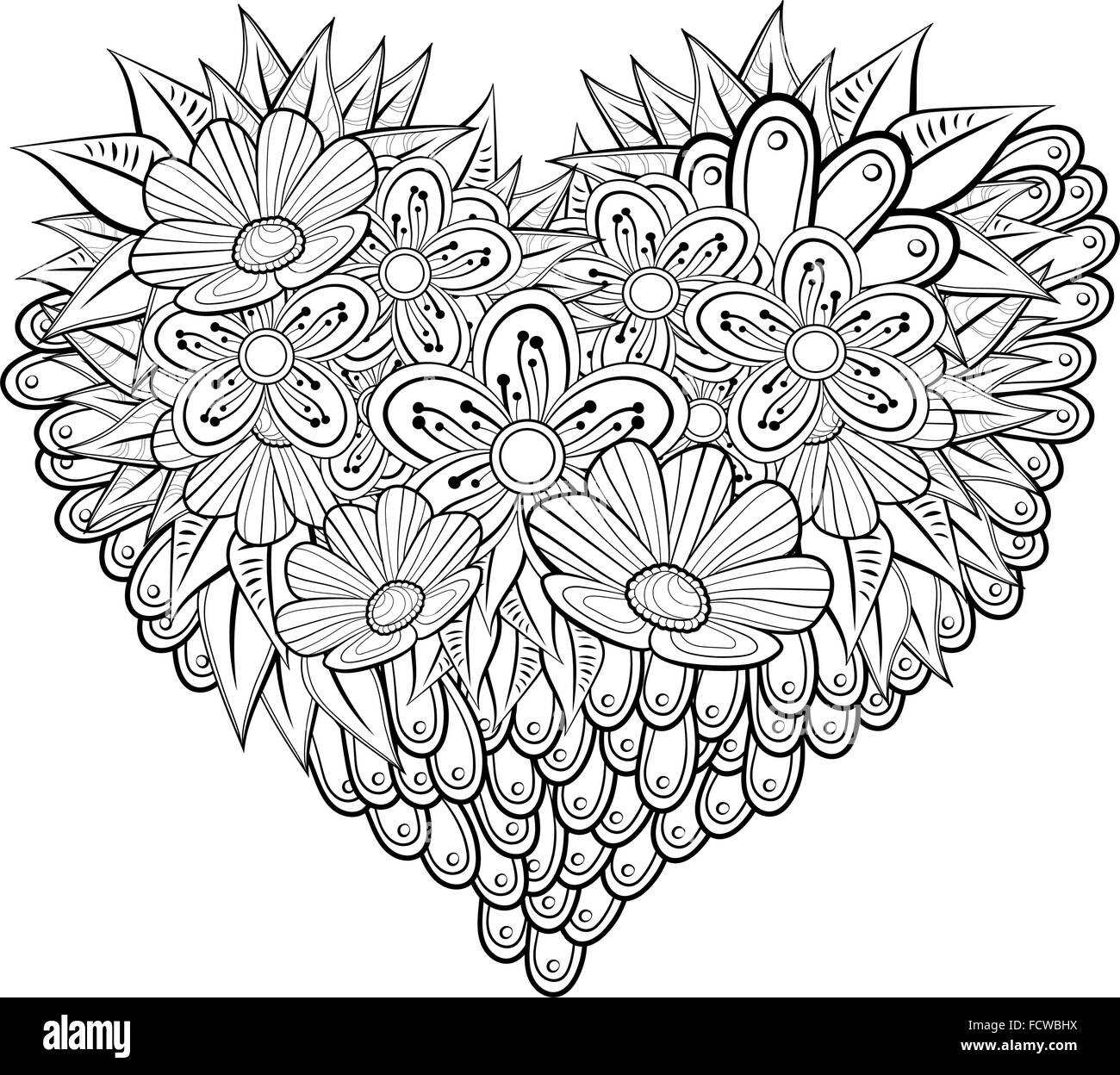 Vector Heart Shaped Pattern For Coloring Book Ethnic Retro Design In Zentangle Style With